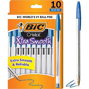 10-Count BIC Cristal Xtra Smooth 1.0mm Medium Point Ballpoint Pens (Blue) $1