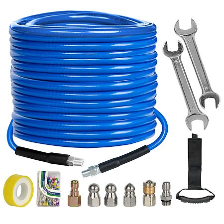 100′ Xiny Tool Sewer Jetter Kit w/ Drain Cleaner Hose & Nozzles & More $25.80