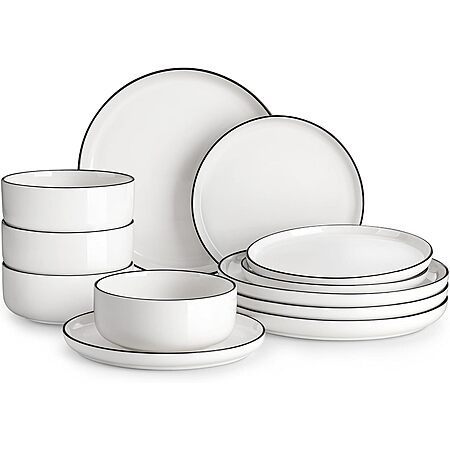 Prime Members: 12-Pc Malacasa Porcelain Dinnerware Set (Ivory White-Black Rim) $31 + Free S&H