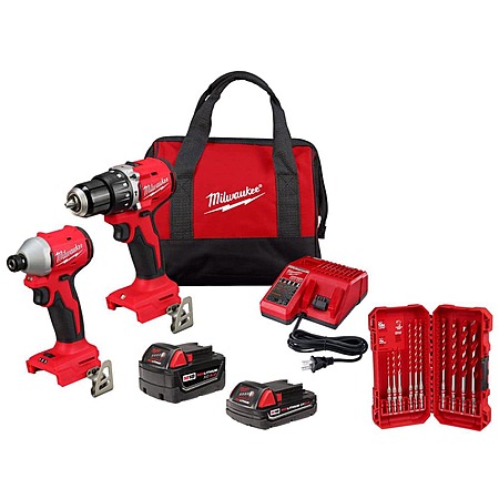 Milwaukee M18 18V Brushless 1/2″ Hammer Drill + 1/4″ Impact Driver Combo Kit $216 + Free S&H
