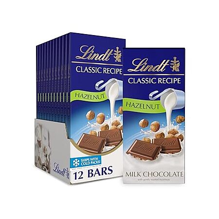 12-Pk 4.4-Oz Lindt CLASSIC RECIPE Milk Chocolate Candy Bars (Hazelnut) $21 + Free S&H w/ Amazon Prime