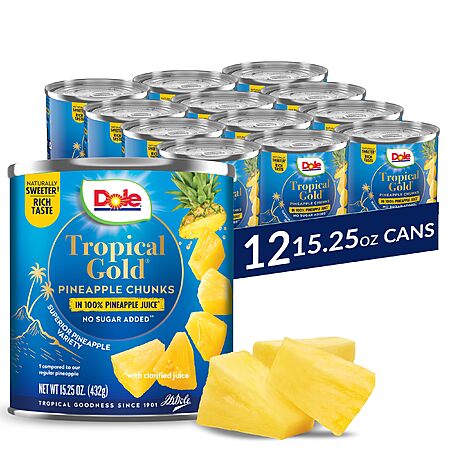 12-Ct 15.25-Oz Dole Tropical Gold Canned Pineapple Chunks in 100% Juice $17.20 w/ S&S