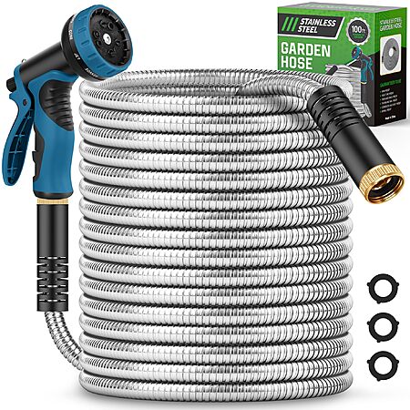 Prime Members: 100′ Advinski Stainless Steel Garden Hose w/ Spray Nozzle $25.80 + Free S&H