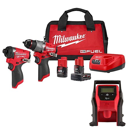 Milwaukee M12 FUEL 12V Brushless Hammer Drill & Impact Driver Kit w/ Inflator $137 + Free S&H