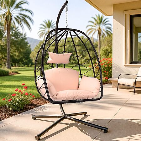 Woot! App: ZZW Hanging Egg Chair w/ Stand (Brown Wicker + Khaki Cushion) $92 + Free S&H w/ Prime