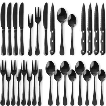 25-pc Astercook Black Flatware Set for 4 w/ Steak Knives $18