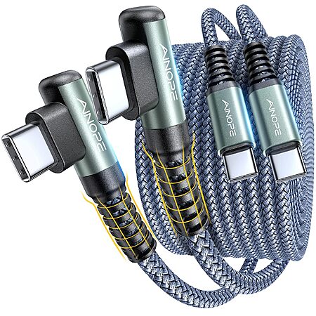 2-Pk 6.6′ Ainope 60W USB-C Right Angle Braided Charging Cables $4.99