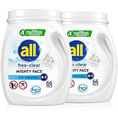 Select Accounts: 2-Pk 66-Ct All Free Clear MIGHTY PACS Laundry Detergent Pacs 2 for $30.35 w/ S&S + Free S&H