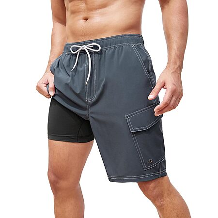 SILKWORLD Men’s 9″ Cargo Swim Trunks w/ Compression Liner $12
