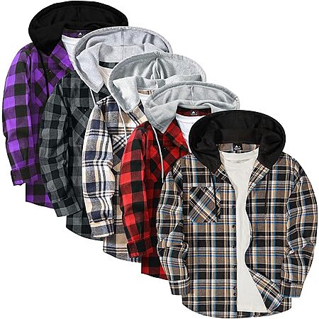 5-Pk ZITY Men’s Long Sleeve Plaid Flannel Hoodie Shirts (Various) $30 + Free S&H
