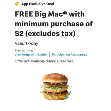 Select McDonald’s Locations: Big Mac Sandwich Free w/ $2+ Purchase (Valid on 9/9 only)