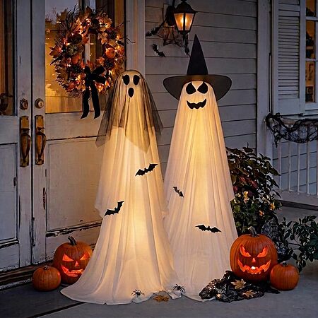 2-Pk 5′ Minetom Light-Up Halloween Ghosts w/ Tripods (Veil-Witch Hat) $18