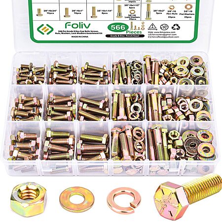566-pc Foliv Grade 8 Bolt, Nut & Washer Assortment Kit (1/4″-20, 5/16″-18 & 3/8″-16) $24.50 + Free S&H