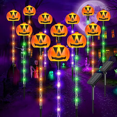 12-Pk Ahaorigin Solar Halloween Pumpkin Pathway Stake Lights $16