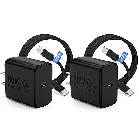 2-pk COONCXEN 60W USB C Charger Block w/ 10′ Cable (black) $13.50