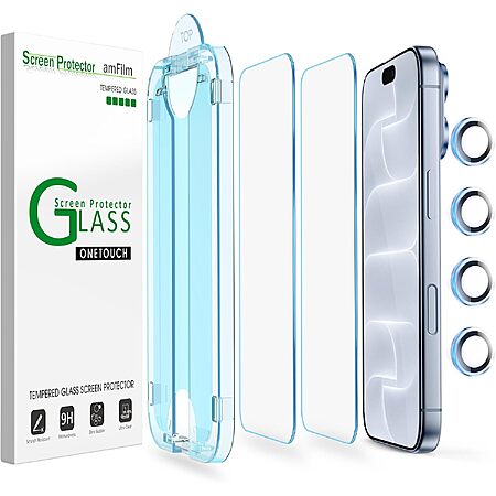 2-Pk amFilm OneTouch iPhone 18/17/16/15/14/13 Tempered Glass Screen Protectors $5