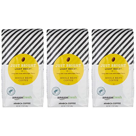 Prime Members Pre-order: 3-Pk 12-Oz Amazon Fresh Whole Bean Coffee (Just Bright) $10.50 + Free S&H