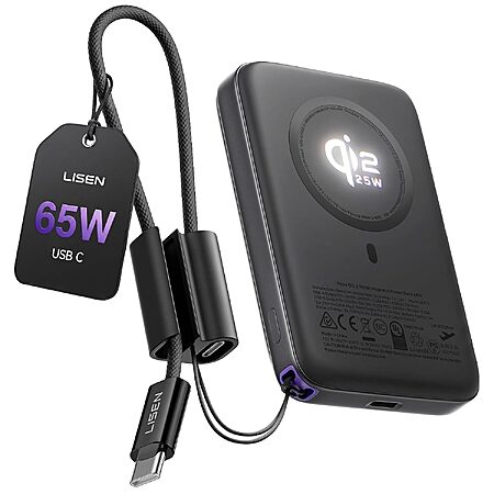 LISEN 10000mAh Qi2.2 25W Magnetic Wireless Power Bank for iPhone (Black) $40 + Free S&H