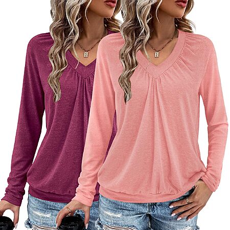 2-Pk AIZHINENG Women’s V Neck Ruched Long Sleeve Tops (L or XL Only) $9.75