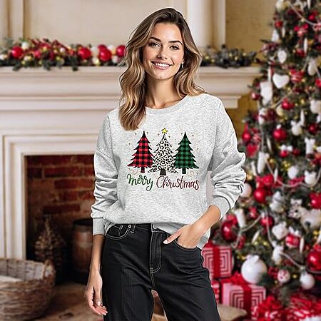 Women’s Xlievo Christmas Sweatshirt Holiday Pullover in Gray (Xmas Tree Graphic) $10