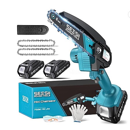6″ Seesii Mini Cordless Electric Hand Chainsaw w/ 2x 21V Batteries $19.65