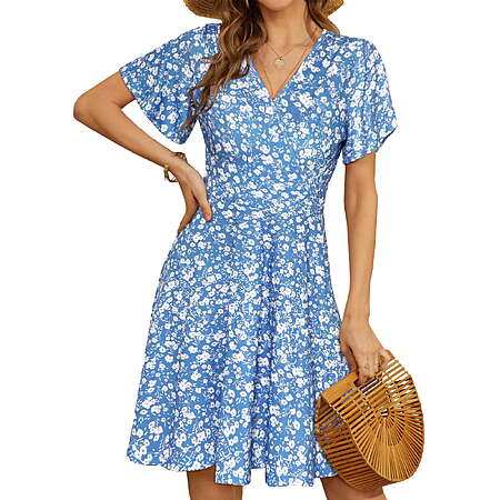 UVN Women’s Short Sleeve V Neck A-Line Midi Dress Boho Beach Floral Print Sundress from $13