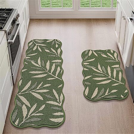 2-Pk JSEI 3D Leaf Scalloped Kitchen Rug Set: 17″x30″ + 17″x60″ $18, 17″x30″ + 17″x48″ $15