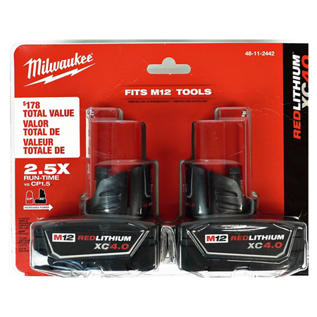 2-Pk Milwaukee M12 12V REDLITHIUM XC Extended Capacity 4.0 Ah Batteries $80.10 + Free S&H w/ Prime