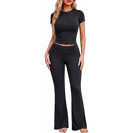 Ekouaer Women’s Pajama/Lounge Set w/ Crop Top & Flare Pants (Black) $10
